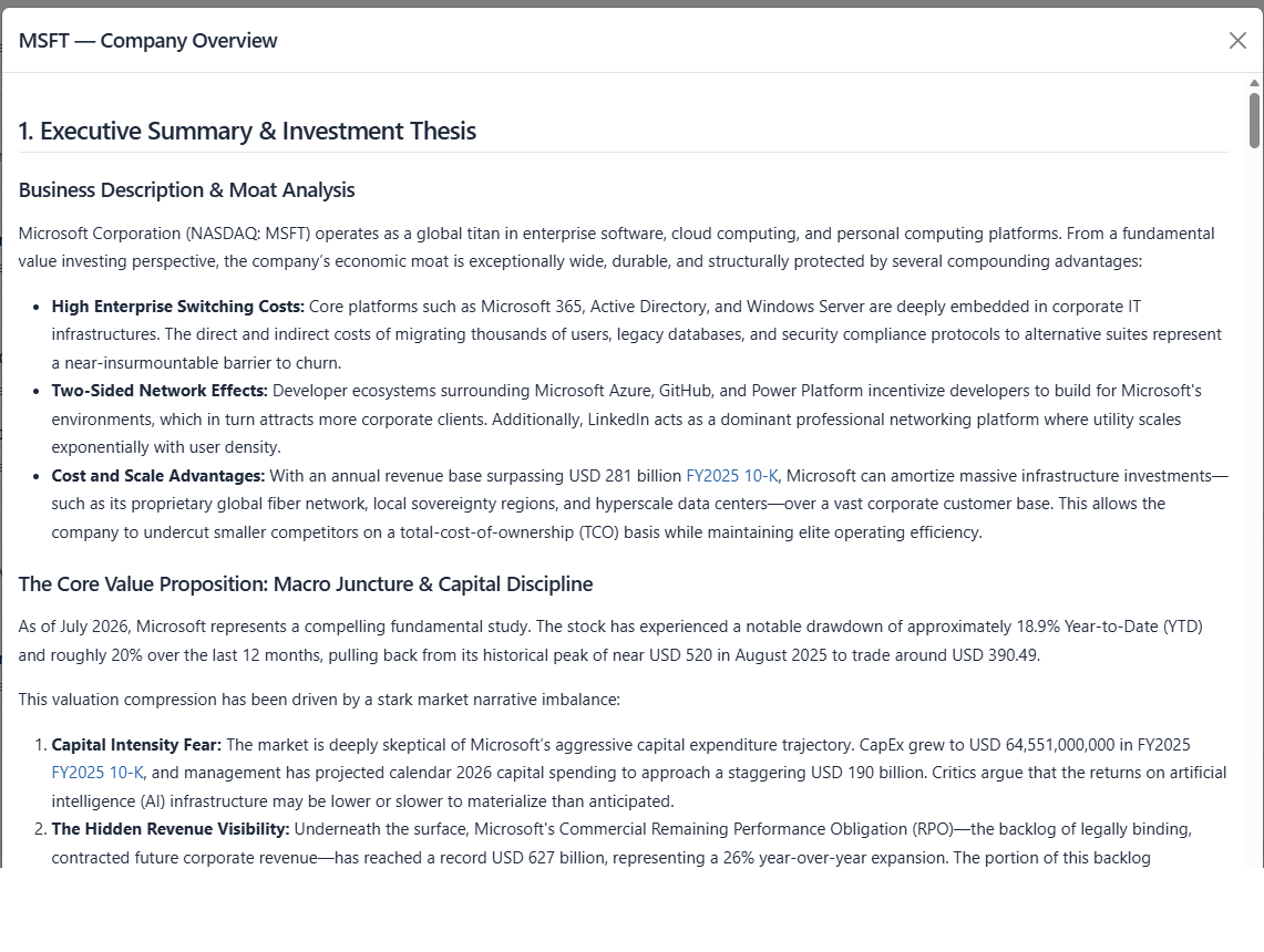 An AI-generated company overview report showing the business description and moat analysis, with hard figures sourced from filings